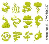 Bad smell cloud set vector isolated. Illustration of toxic smell, green gas clouds. Stinky steam. Collection of stinky air shapes. Poisonous cloud.