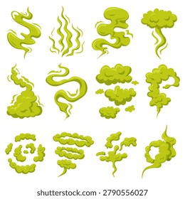 Bad smell cloud set vector isolated. Illustration of toxic smell, green gas clouds. Stinky steam. Collection of stinky air shapes. Poisonous cloud.