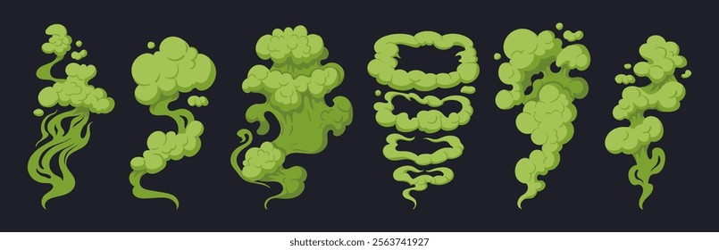 Bad smell clouds. Toxic green dust clouds, smoking stink, cooking smell or toxic fumes flat vector illustration set. Cartoon rotten smell clouds