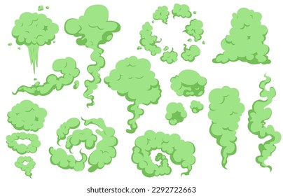 Bad smell green fog effects. Stinky clouds, gas or toxic fume. Cooking or garbage streams, badness smelly elements. Snugly mist stench vector set