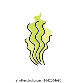 Bad smell green RGB color icon. Stinky scent. Toxic gas, stench. Fragrance curves. Dirty air odor, emission. Smoke stream, fume swirls, evaporation malodor. Isolated vector illustration