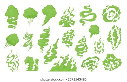 Bad smell green smoke steam condensation aroma bubble set vector flat illustration. Fume vapor heat fragrance water evaporation odour fluffy cloud different shape