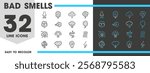 Bad smell and smoke, toxic stinky odor clouds of fart or breath, vector line icons. Bas smell and stink gas steam effects with skull and nose pictograms of toxic stench mist waves and vapor puffs