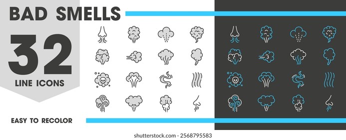 Bad smell and smoke, toxic stinky odor clouds of fart or breath, vector line icons. Bas smell and stink gas steam effects with skull and nose pictograms of toxic stench mist waves and vapor puffs