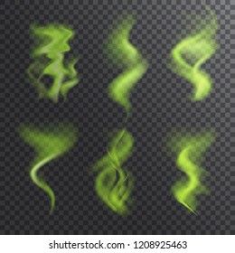 Bad smell, stench, whiff or steaming vapor collection. Realistic vector set of green steam waves, odor symbols, shitty toxic mist for illustrations with smoky effect