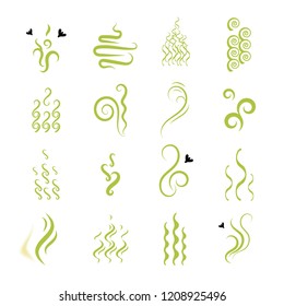 Bad smell, stench, whiff or steaming vapor collection. Cartoon vector set of green steam waves, odor symbols, shitty toxic mist for illustrations with smoky effect