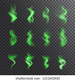 Bad smell, stench, whiff or steaming vapor collection. Realistic vector set of green steam waves, odor symbols, shitty toxic mist for illustrations with smoky effect