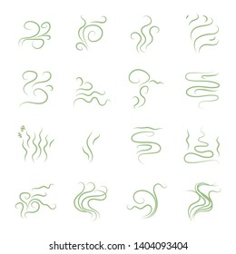 Bad smell, stench, whiff or steaming vapor collection. Realistic vector set of green steam waves, odor symbols, shitty toxic mist for illustrations with smoky effect