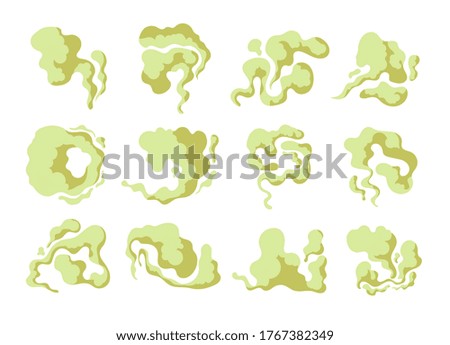 Bad smell. Stinks toxic clouds, green aroma fume vapor. Isolated odor rotten food or garbage, mist of fart. Stench smoke vector illustration