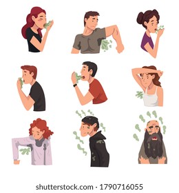 Bad Smelling People Collection, Men and Women Having Having Bad Breath and Personal Hygiene Problems Vector Illustration