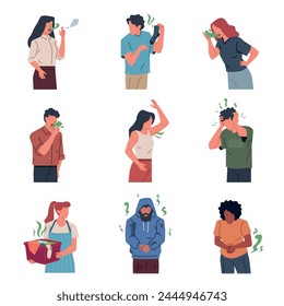 Bad smelling people. Male and female characters with unpleasant body odour, hygiene or health problems, breath, sweat, dirty clothes, cartoon flat style isolated nowaday vector set