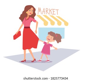 Bad spoiled kid crying and pulling dress. Little girl holding motherʼs skirt, upset grimace, sad face expression. Manners and bad behavior vector illustration. Outdoor market.