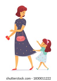 Bad spoiled kid crying and pulling dress. Little girl holding motherʼs skirt, upset grimace, sad face expression. Manners and bad behavior vector illustration.