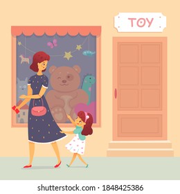 Bad spoiled kid crying and pulling dress. Little girl holding motherʼs skirt, upset grimace, sad face expression. Manners and bad behavior vector illustration. Outdoor market.