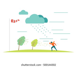 Bad Or Stormy Weather Vector Concept. Flat Design. Man In Scarf Moving Against The Strong Wind In The Rain, Storm Blowing Trees Leaves, Windsock On Pole Shows Wind Direction. For Weather Concepts