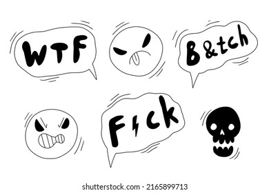 Malas palabras de Swear. Cara enojada. Dibujo a mano de Doodle maldice el mal emoji. Burbuja de palabras dibujada a mano con groserías con símbolos. Burbuja del discurso cómico. Enfadados gritando emociones en la cara. Ilustración vectorial.