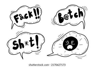 Bad Swear words. Comic speech bubble. Angry face. Doodle hand drawn swear bad emoji. Doodle hand drawn speech bubble with swear words symbols. Angry screaming face emotions. Vector illustration.