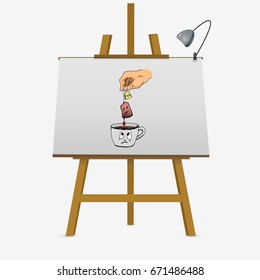 Bad tea bag with yellow label above cartoon cup. Vector illustration hand drawn on easel