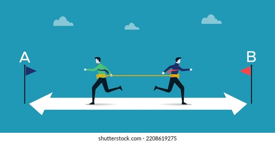 Bad Team Work, Organization And Miscommunication Leading To Failure For All, Two Businessmen Run On Arrow Opposite Directions