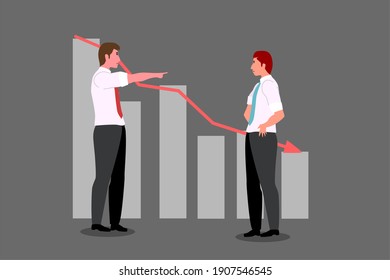 Bad Teamwork leading business failure. a bussiness man is pointing to his colleague to complain him as the root cause of the bad performance.