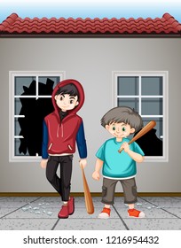Bad teenagers smashing windows illustration