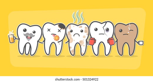 Bad teeth company. Problematic sick and unhealthy teeth concept. Funny cartoon characters. Vector illustration