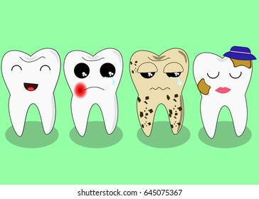 Bad teeth company. Problematic sick and unhealthy teeth concept. Funny cartoon characters.