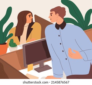 Bad Tensed Work Communication Between Colleagues. Misunderstanding, Tension, Mute Conflict, Negative Office Environment Concept. Difficult Toxic Employees In Trouble, Stress. Flat Vector Illustration