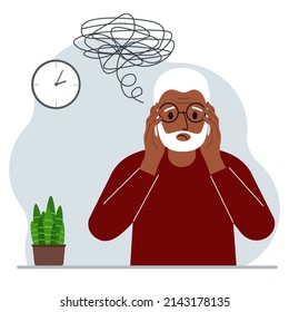 Bad thoughts concept. A grandfather feels depressed with thoughts after negative events, unhappy, suffering, sadness, depression. Vector flat illustration
