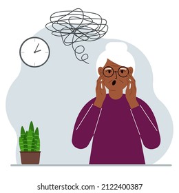 Bad thoughts concept. A grandmother feels depressed with thoughts after negative events, unhappy, suffering, sadness, depression. Vector flat illustration