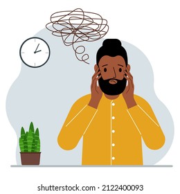 Concepto de malas ideas. Un hombre se siente deprimido con pensamientos después de acontecimientos negativos, infeliz, sufrimiento, tristeza, depresión. Ilustración plana del vector