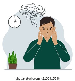 Bad thoughts concept. A man feels depressed with thoughts after negative events, unhappy, suffering, sadness, depression. Vector flat illustration