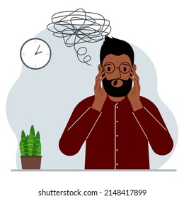 Bad thoughts concept. A man feels depressed with thoughts after negative events, unhappy, suffering, sadness, depression. Vector flat illustration