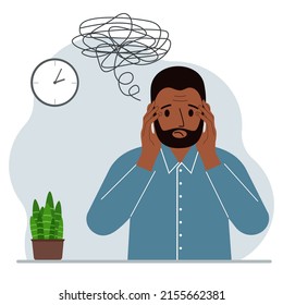Bad thoughts concept. A man feels depressed with thoughts after negative events, unhappy, suffering, sadness, depression. Vector flat illustration