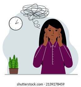 Bad thoughts concept. A woman feels depressed with thoughts after negative events, unhappy, suffering, sadness, depression. Vector flat illustration