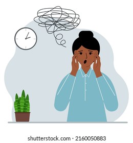 Bad thoughts concept. A woman feels depressed with thoughts after negative events, unhappy, suffering, sadness, depression. Vector flat illustration