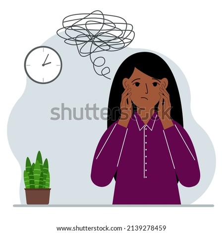 Bad thoughts concept. A woman feels depressed with thoughts after negative events, unhappy, suffering, sadness, depression. Vector flat illustration