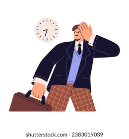 Bad time management. Sad worker looking on clock, hurry to office. Business employee late to work. Problems with planning, efficient. Tardiness, lateness flat isolated vector illustration on white