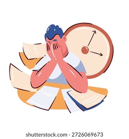 Mala gestión del tiempo hombre estresado con papeles y Grande reloj. Documentos de oficina, plazos, presión de carga de trabajo, control de tiempo perdido, escena de estrés empresarial. Ilustración vectorial, aislada.