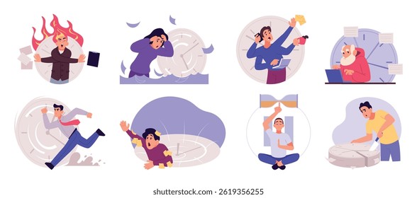 Bad time managements. Multitasking problems frustrated business characters filing works exact vector concept set in cartoon style