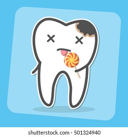 Bad tooth with caries cavity and lollipop. Sweets provoke dental caries concept. Vector illustration