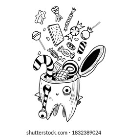 Diente malo con caries cavidad y lollipop.Los dulces provocan el concepto de caries dental.Concepto de caries dental.Ilustración vectorial