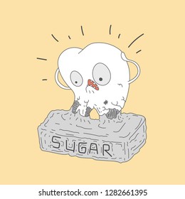 Bad tooth with caries cavity. Sweets provoke dental caries concept. Vector illustration