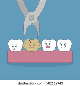 Bad tooth extraction. Good and bad teeth. Health care. Scared tooth.