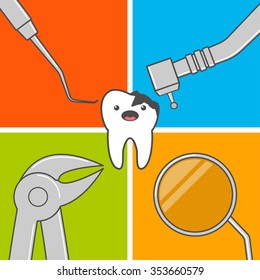 Bad tooth nightmare. Scared tooth and dental tools. Vector illustration