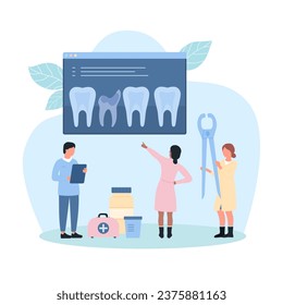 Bad tooth removal in hospital, dentistry vector illustration. Cartoon tiny dentists study xray of teeth to remove dead broken human tooth with dental tool, surgery extraction and operation in clinic