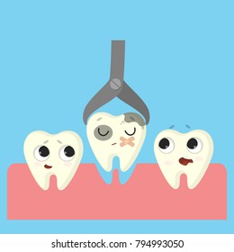 Bad tooth removing. Cartoon funny teeth in mouth.