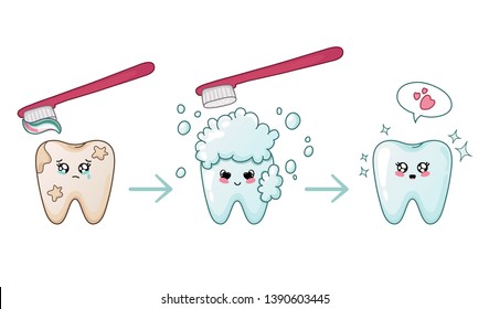 Bad tooth and shining clean kawaii tooth with speech bubble, teeth cleaning process, Cute cartoon characters - oral hygiene, concept of dental care and dentistry. Vector flat illustration 