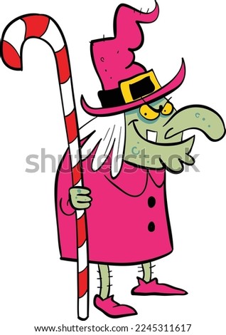 Bad and ugly evil witch with big candy magic stick