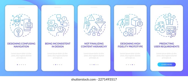 Bad user experience design blue gradient onboarding mobile app screen. Walkthrough 5 steps graphic instructions with linear concepts. UI, UX, GUI template. Myriad Pro-Bold, Regular fonts used